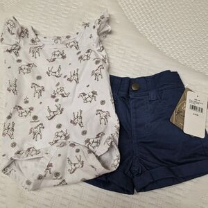 Carhartt Girls White Horse Print Onesie and Navy Blue Shorts Set